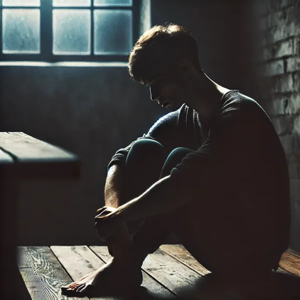 DALLÂ·E 2025-01-29 12.11.34 - A dark, moody scene of a person sitting alone in a dimly lit room, looking lost and deep in thought. The atmosphere conveys a sense of struggle and co