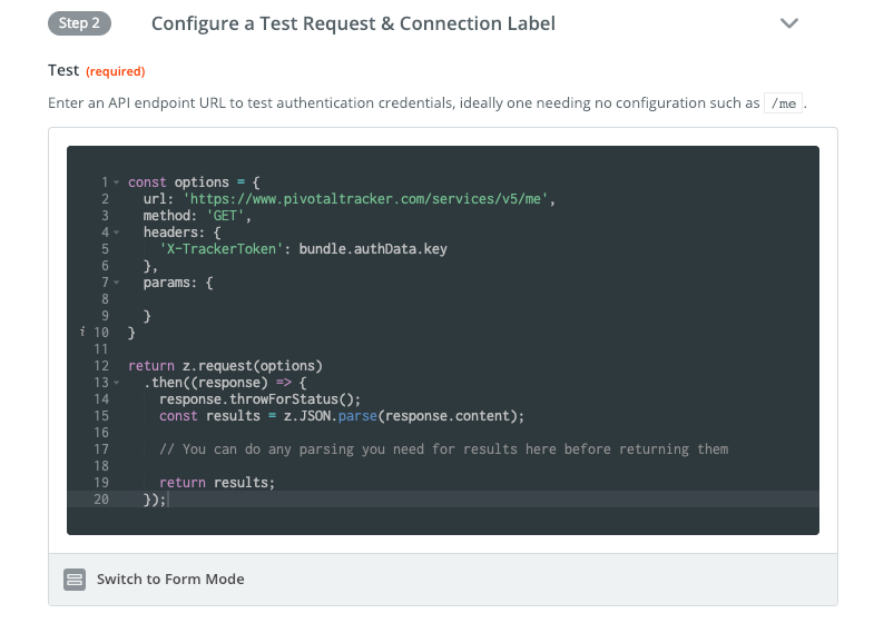 Zapier code mode API Key auth