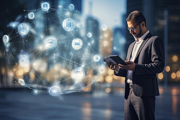 Businessman using tablet with social network icons on city background Communication and technology concept Businessman on blurred background using 3D rendering mobile phone AI Generated